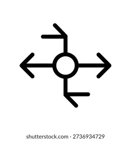 Minimalist black circular direction arrows icon with four outward pointers, clean vector design ideal for navigation, flowcharts, and directional signage.