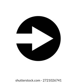 Minimalist black circular icon featuring a bold white right-pointing arrow, symbolizing progress, navigation, play, or advancement on UI. Clean design.