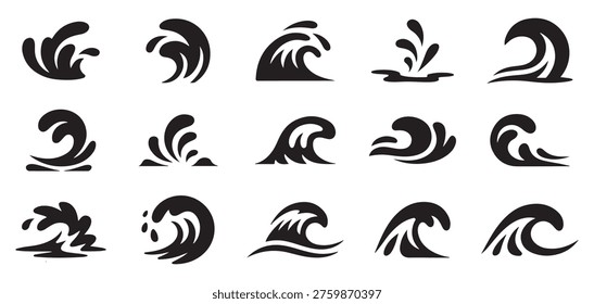 Minimalist black circular wave icons and sea curl vector silhouettes set vector illustration eps 10