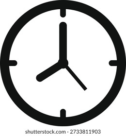 A minimalist black clock icon with short hour, long minute and second hands on a pure white background, simple design