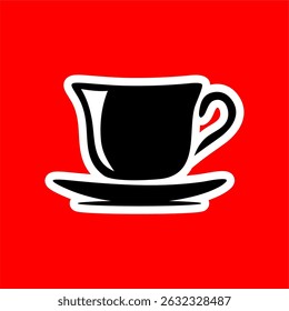 Minimalist Black Coffee Cup Icon with Saucer on Red Background
