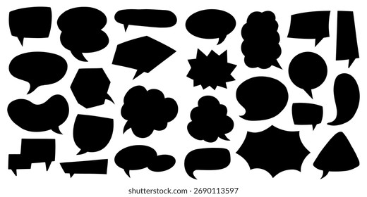 Formas minimalistas de balões de quadrinhos negros. Um conjunto simples de silhuetas de balões de fala e pensamento para criar logotipos, ícones ou quadros de texto.