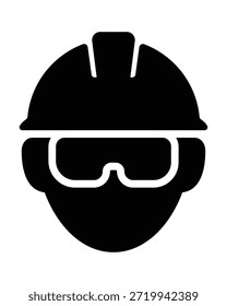 Minimalista Negro Constructor Cabeza Icono de silueta con casco y gafas de seguridad para el Industrial de EPP Cumplimiento - Vector de Profesional Imagen de stock