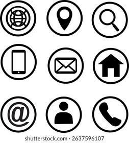Minimalist Black Contact Icons Set Web and UI Interface Symbols in Circle Design
