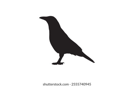 Minimalist black crow silhouette isolated on a clean white background, perfect for graphic design or artistic projects.