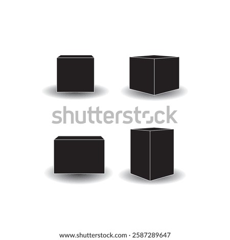 Minimalist Black Cube Silhouette Icons with Shadow for Geometric Design and UI Elements
