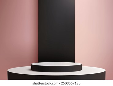 Minimalist Black Cylinder Platform on White Base with Pink and Black Stripes Wall, Modern Product Display for Mockup, Showcase, and Showroom