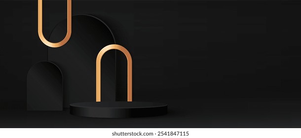 Pódio de cilindro preto minimalista com elementos de arco dourado no fundo escuro. Elegante design de plataforma com superfícies mate e acentos metálicos. Configuração de exibição premium para apresentações de produtos de luxo.