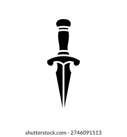 A minimalist black dagger silhouette on a white background, symbolizing danger, protection, or historical context.