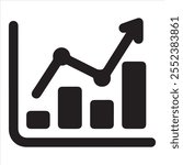 Minimalist black data analytics icon featuring a bar chart and an upward arrow, symbolizing growth, performance improvement, and business trends.