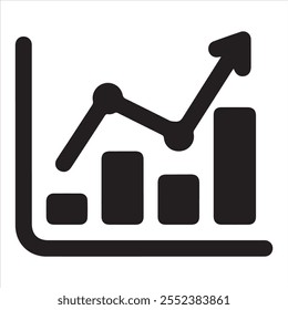 Ícone minimalista de análise de dados em preto, apresentando um gráfico de barras e uma seta para cima, simbolizando o crescimento, a melhoria do desempenho e as tendências de negócios.