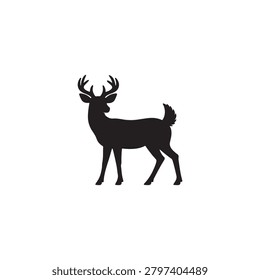 Minimalist black deer silhouette vector icon with antlers, isolated on a white background. Clean and simple wildlife illustration suitable for logos, signs, and design projects.