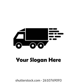 Minimalist black delivery truck icon with motion lines, ideal for fast shipping, logistics, and courier service branding. Includes space for custom slogan or text.