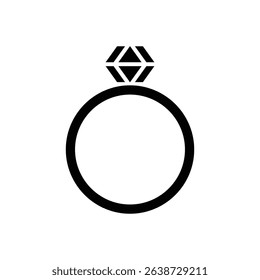 Minimalist Black Diamond Ring Icon – Engagement or Wedding Symbol Vector 