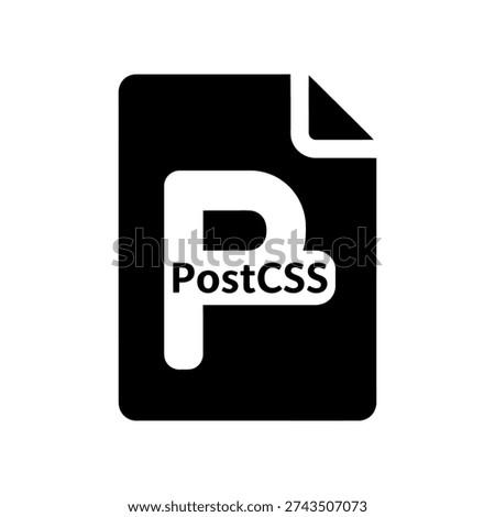A minimalist black document icon with PostCSS logo on a white background, ideal for web development and coding projects.