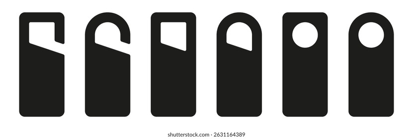 Minimalist black door hanger icon set featuring various cutout styles, perfect for hotel signage, privacy notices, or informational tags.