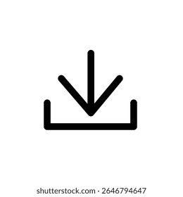 Ícone de download preto minimalista com uma seta para baixo apontando para uma bandeja em um fundo branco. Perfeito para interface de usuário, aplicativos, sites ou gráficos de comunicação digital.