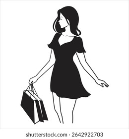 Minimalist Black Dress Girl Holding Shopping Bags – High-Quality Fashion Silhouette Vector for Branding, Ecommerce, and Boutique Logos
