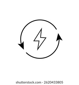 Minimalist black energy icon showing a lightning bolt surrounded by circular arrows on a white background, representing power, energy cycle, or renewable energy concept.