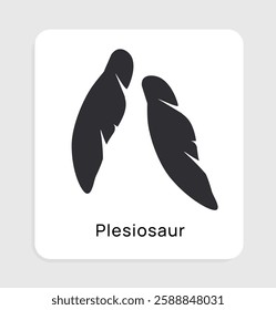 A minimalist black feather illustration labeled as Plesiosaur on a white background. The image humorously misrepresents the marine reptile, as plesiosaurs were not feathered. Vector illustration