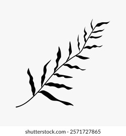 Minimalist black fern leaf illustration, isolated vector. Simple, elegant design with flowing lines. Perfect for modern decor or botanical themes. Simple black line art doodle vector.