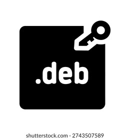 A minimalist black file icon displaying .deb extension with a key symbol, set against a clean white background.