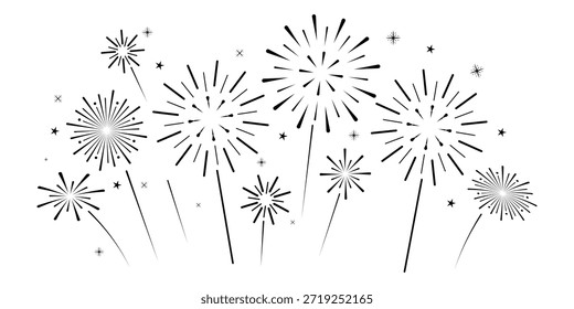 Conjunto minimalista de ilustração de vetor de fogos de artifício preto; Coleção de brilhos de celebração de ruptura abstratos isolados no fundo branco para arte de silhueta, impressão e design de cartaz
