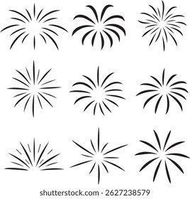 Minimalist Black Fireworks Silhouettes Vector Set Modern Celebration Elements for Design and Decoration