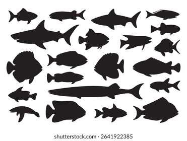 Minimalist Black Fish Silhouettes in Grid Layout on White Background.eps
