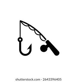 A minimalist black fishing rod icon with hook, float and reel, isolated on a clean white background, ideal for various fishing-related designs.