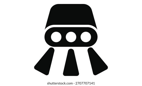 Ícone plano preto minimalista representando um projetor de dados, scanner de carga adicional ou sensor de segurança emitindo feixes de luz