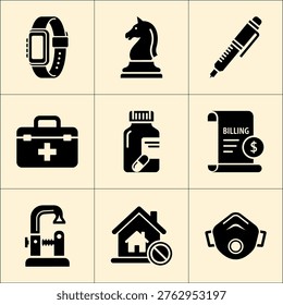 Minimalist black flat icons including smartwatch and prohibition house on pale yellow background