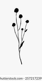 Minimalist black floral silhouette on white. Simple flower design with delicate stems. Elegant botanical art, perfect for modern decor. Simple black line art doodle vector.