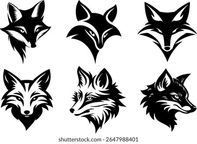 Minimalist black fox head vector icon set on a clean white background, perfect for logos, apps, websites, and graphic design projects.