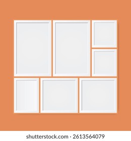 Minimalist black frames realistic wall gallery collection. Vector isolated picture frame mockup with shadow on transparent background. Poster frame mockup. Stock vector.