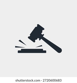 Ícono minimalista de Vector de mazo negro que representa la autoridad legal, el juicio de la sala, la subasta y el sistema judicial. El mazo del juez golpea el icono del bloque de sonido, la ley y el símbolo de la subasta de justicia