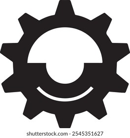 Logotipo minimalista del engranaje negro con el centro circular y el diseño del sol naciente en el fondo blanco