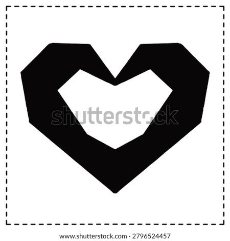 Minimalist black geometric heart shape isolated on white background.