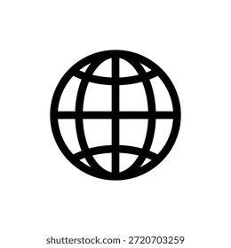 Ein minimalistisches schwarzes Globussymbol auf sauberem weißem Hintergrund, das die Welt, die Erde und die globale Vernetzung in einem einfachen und modernen Design symbolisiert.