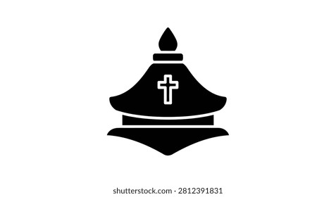 A minimalist black glyph icon representing a Catholic bishop mitre headdress featuring a central cross symbol on a plain white background