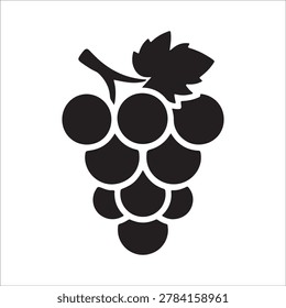 Minimalist Black Grape Bunch Icon with Leaf, Wine Fruit and Vineyard Symbol on White Background

