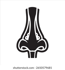 Um gráfico preto minimalista representando a frente de um nariz humano com contornos arrojados.