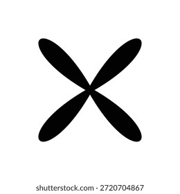 A minimalist black graphic design element featuring a symmetrical shape with four leaves on a white background, representing a simple and modern artistic expression.