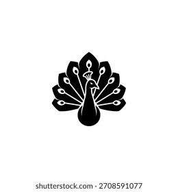 Ein minimalistisches, schwarzes Grafikdesign mit einem Pfau im Profil, dessen aufwändige Schwanzfedern vollständig angezeigt werden, wodurch eine symmetrische und elegante Fächerform vor einem stark weißen Hintergrund für hohe