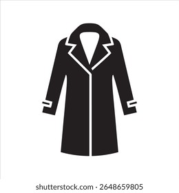 A minimalist black graphic representation of a stylish trench coat with prominent lapels and cuffs.