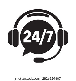 A minimalist black graphic representing nonstop customer support availability. Ideal for business websites and technical assistance branding.