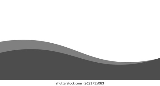 Design minimalista de vetor de onda preta e cinza com curvas de fluxo suaves na parte inferior, em transição para um fundo branco limpo. Ideal para banners, rodapés ou layouts modernos.