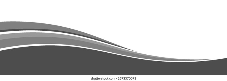 Minimalist black and gray wave vector design with smooth flowing curves at the bottom, transitioning into a clean white background. Modern Creative trendy design