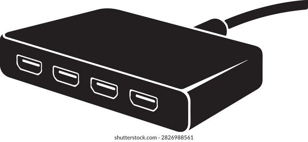 Minimalist black HDMI splitter device showing four HDMI outputs and a connected cable.
