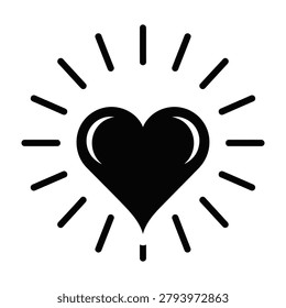 A minimalist black heart symbol surrounded by radiating beams of light. This simple design represents love, affection, care, positivity, and emotional connection.